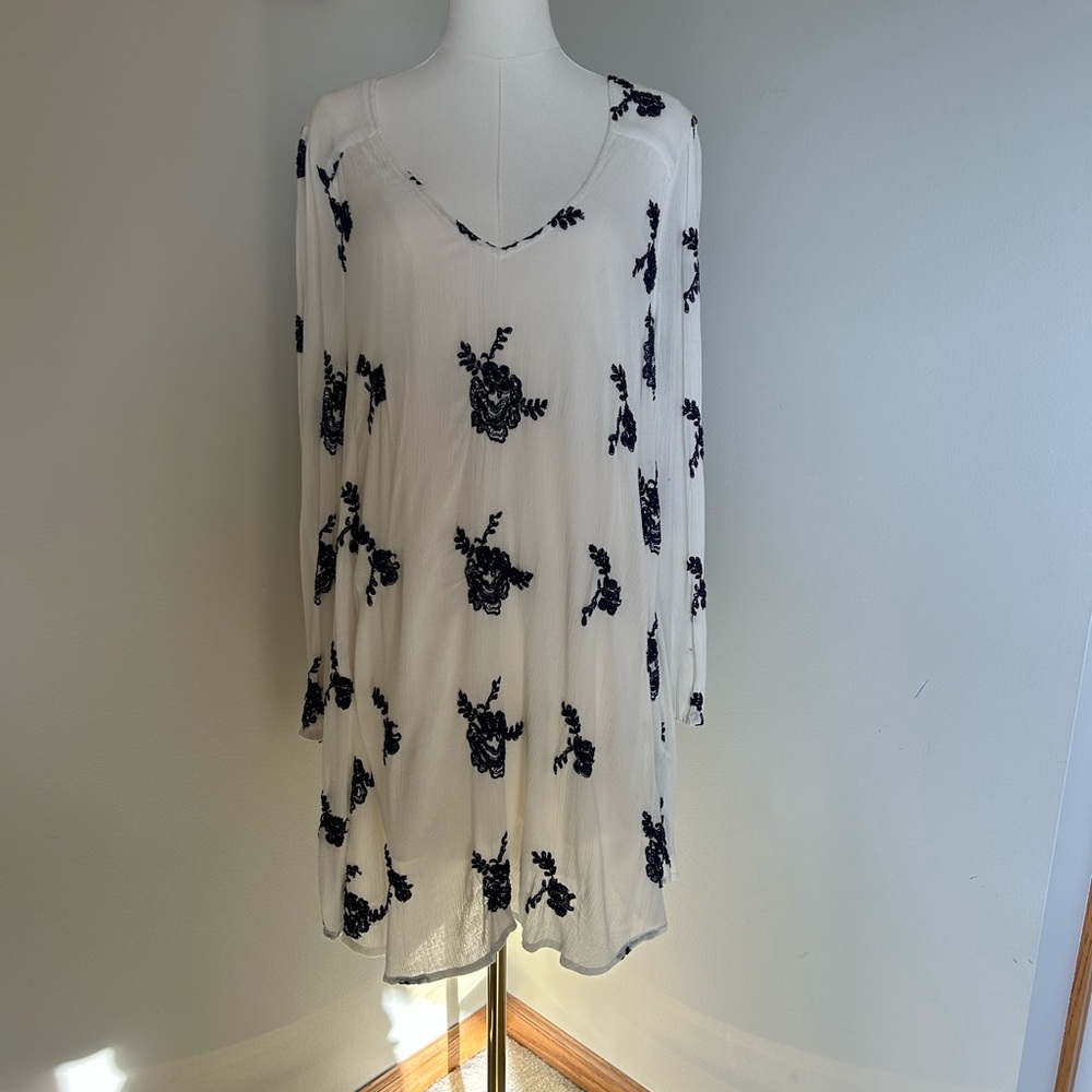 Free People White Dress with Navy Floral Embroidery